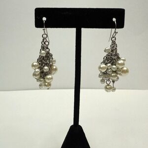 Faux Pearl Cluster Dangle Drop Earrings Silver Tone Chain Statement Jewelry